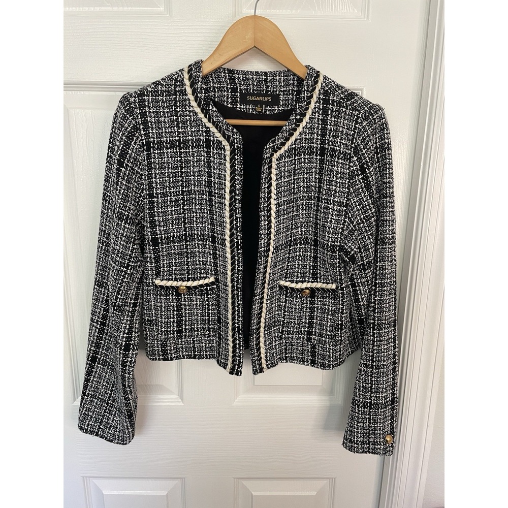 Sugarlips Black & White Tweed Blazer with Braided Trim